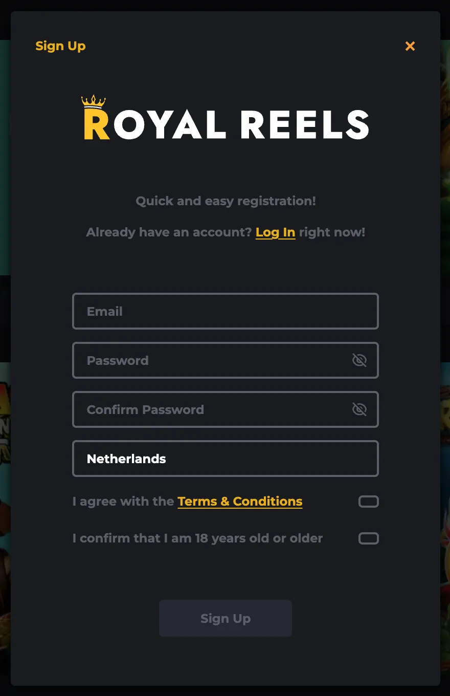 Royal Reels sign up form